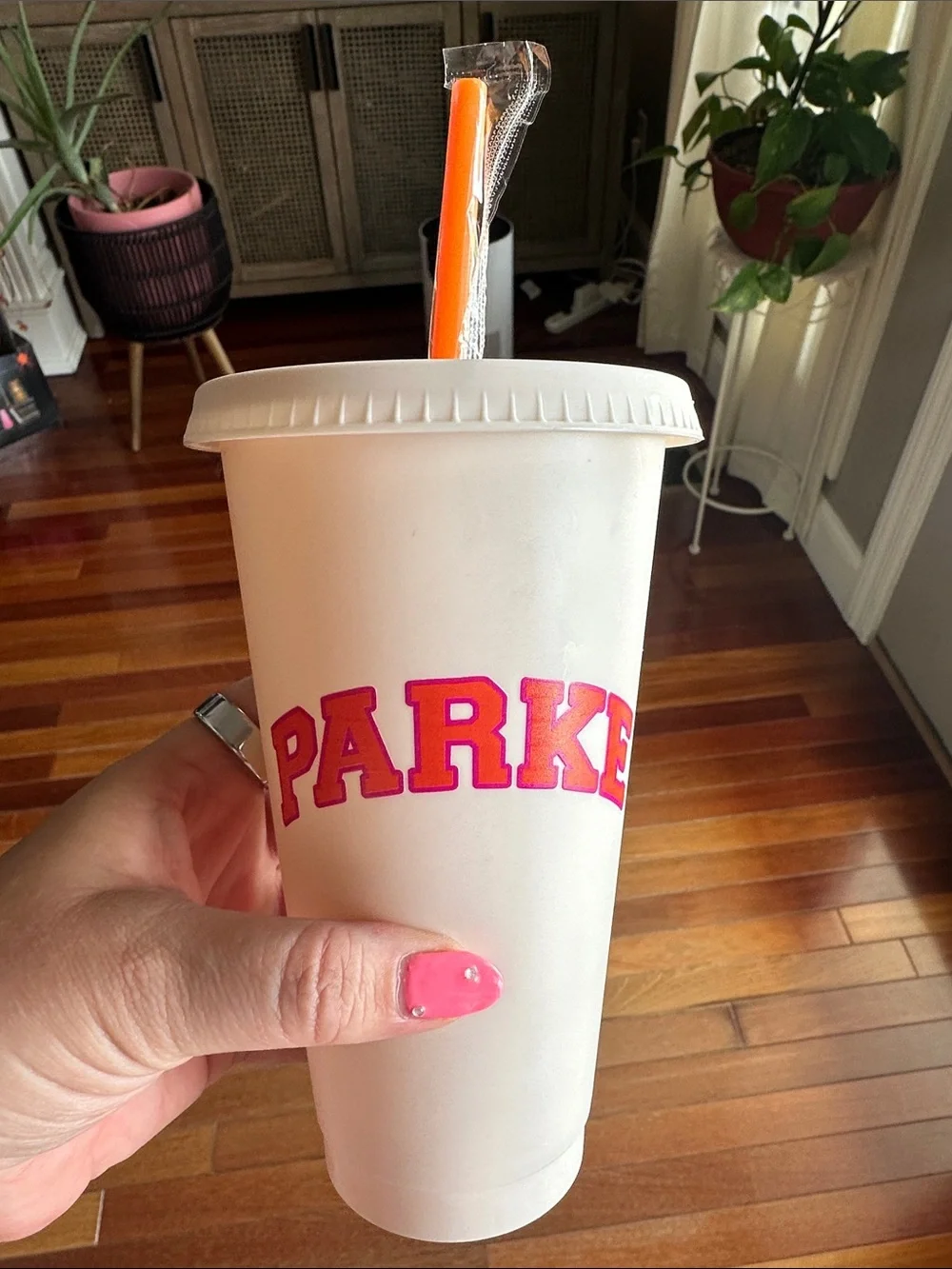 Parke Dunkin Cream  Cup with Pink Lettering and Orange Straw